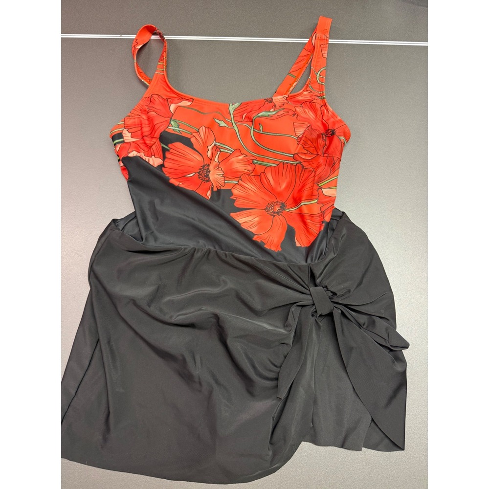 Red Poppy Floral Swimdress One Piece Swimsuit Black Skirt Side Tie Medium
